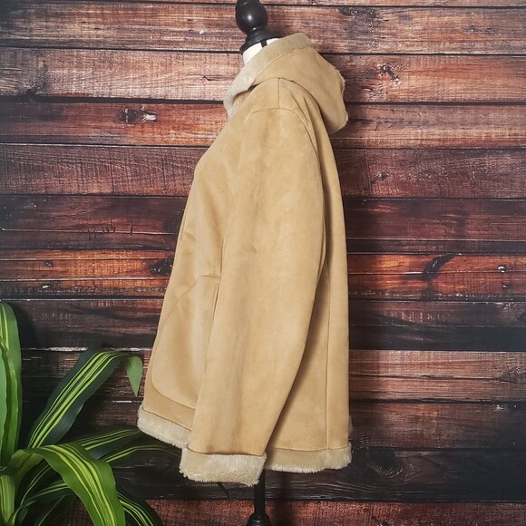 Mulberry Street Hooded Coat XL Faux Suede Faux Fur Lined Zip Vintage Camel Tan - Picture 5 of 9